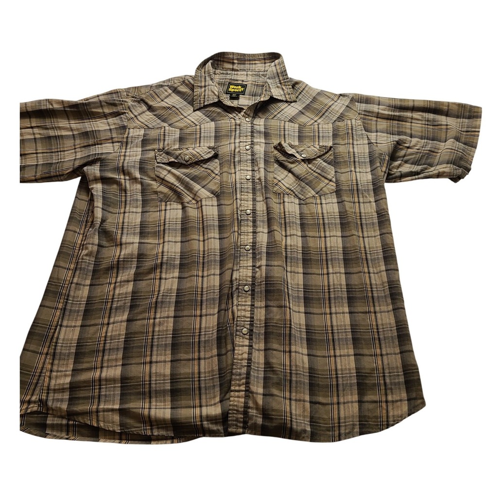 Work n Sport Men's 3XT Brown Plaid Western Pearl Snap Short Sleeve Shirt Tall